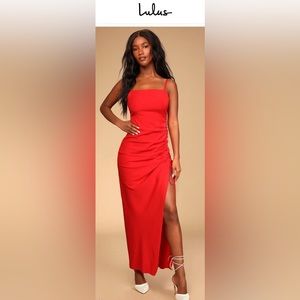 Lulus Love You Like I Do Red Ruched Drawstring Maxi Dress (Size Medium)